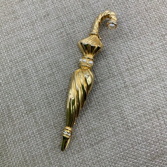 Premier Designs Vintage Umbrella Faux Pearl Rhinestone Gold Tone Brooch Pendant - Picture 6 of 7